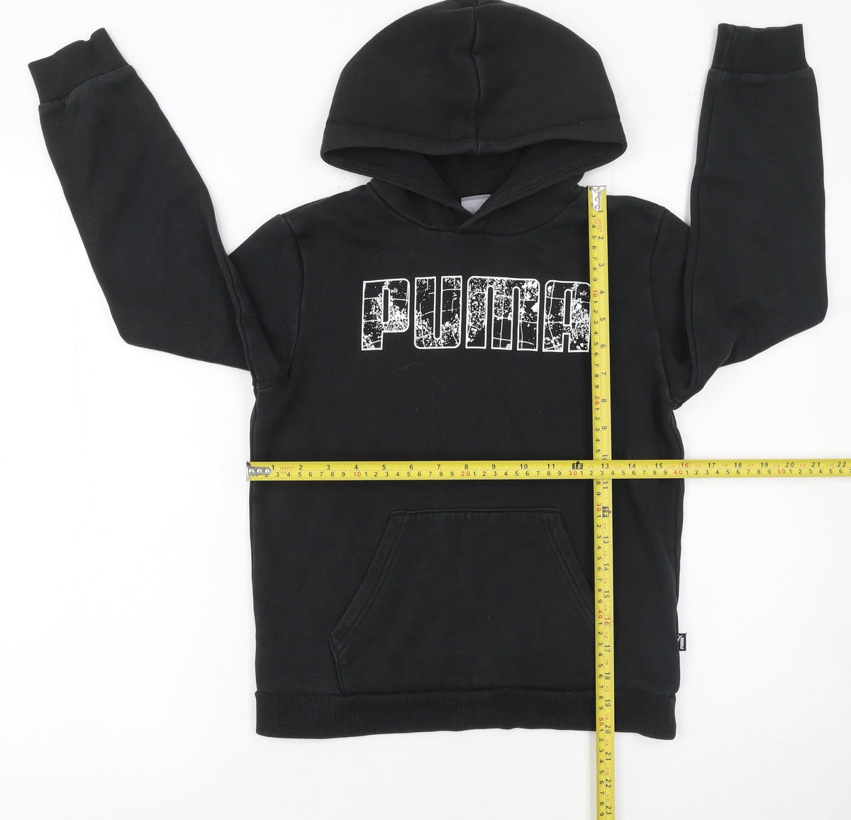 Puma Boys Black Graphic Logo Pullover Hoodie 11-12 Years Fleece Cotton