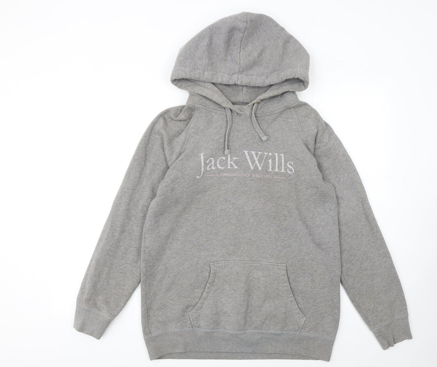 Jack Wills Womens Grey Pullover Hoodie UK 10 with Logo and Kangaroo Pocket