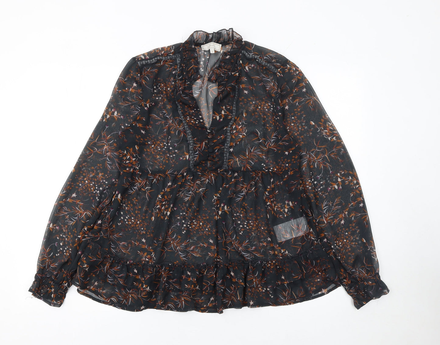 Cream Women's Black Floral Ruffle Long Sleeve Blouse UK 10 Polyester