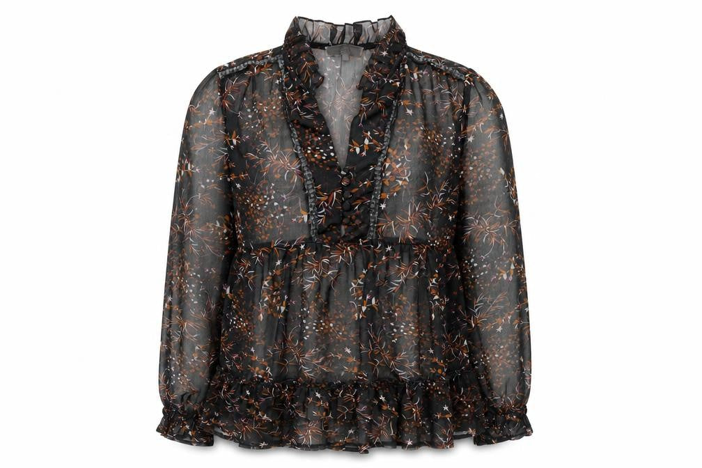 Cream Women's Black Floral Ruffle Long Sleeve Blouse UK 10 Polyester