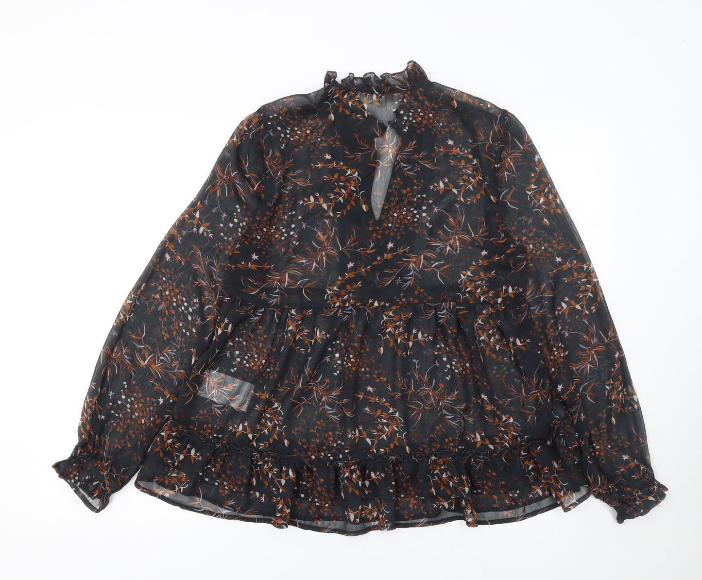 Cream Women's Black Floral Ruffle Long Sleeve Blouse UK 10 Polyester