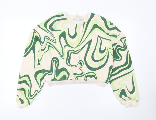 H&M Girls Beige Green Swirl Print Pullover Sweatshirt 14 Years