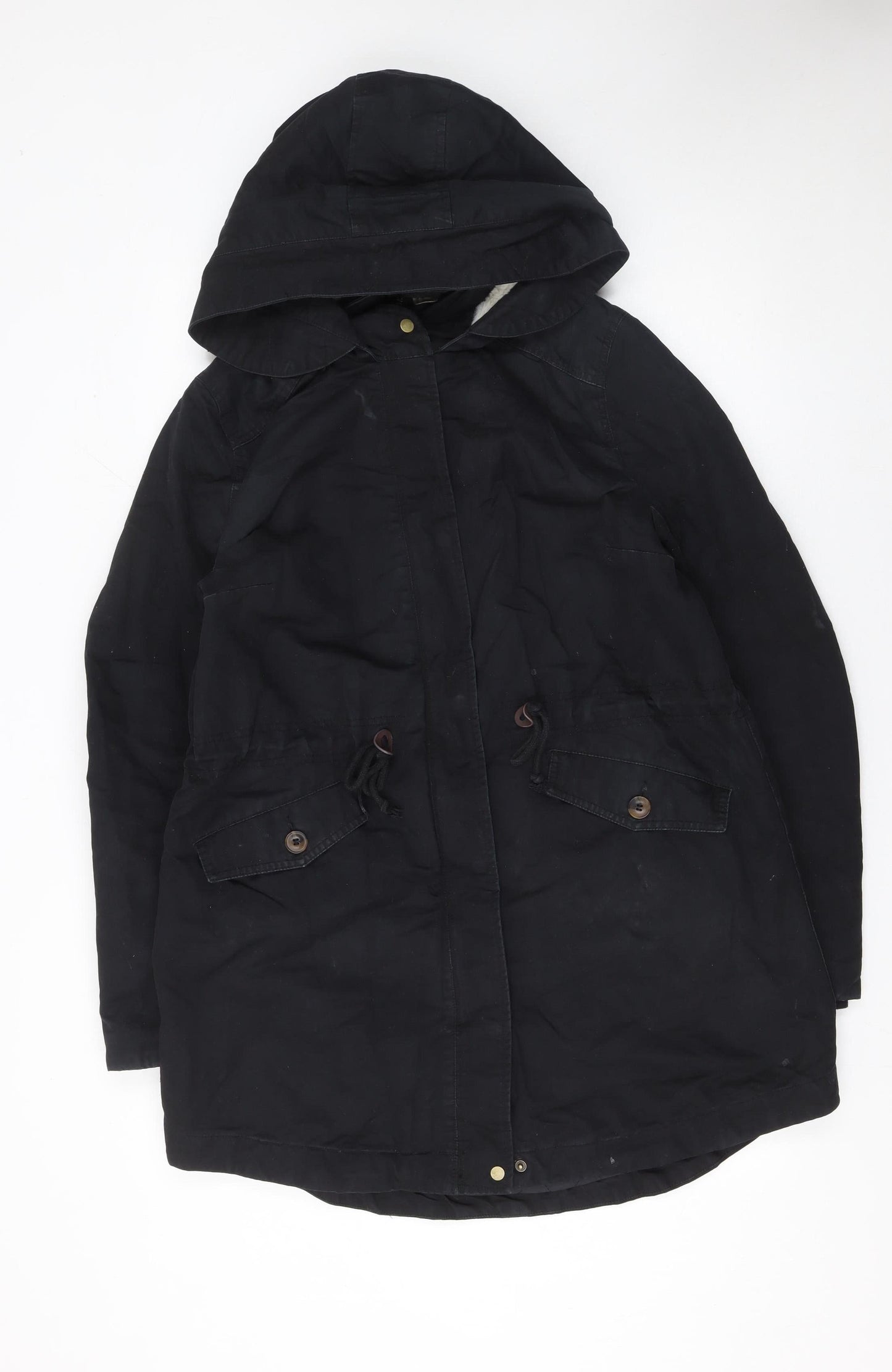 H&M Divided Women’s Black Cotton Parka Coat Size 14 Hooded