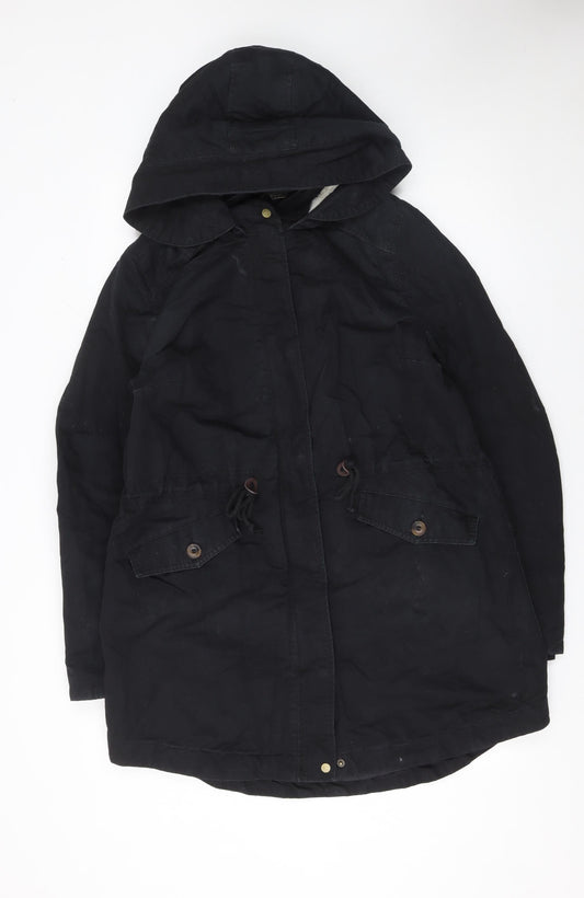 H&M Divided Women’s Black Cotton Parka Coat Size 14 Hooded