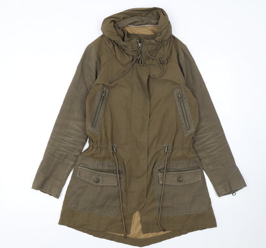 Zara Basic Women’s Green Hooded Parka Jacket XS Long Twill Cotton Blend