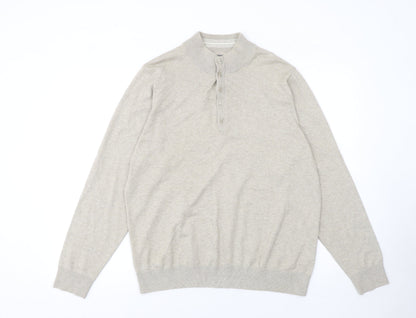 Marks & Spencer Men Beige Medium Henley Mock Neck Cotton Jumper