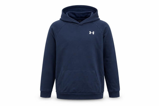Front view of Under Armour boys’ navy pullover hoodie yxl 158-170cm cotton blend fleece