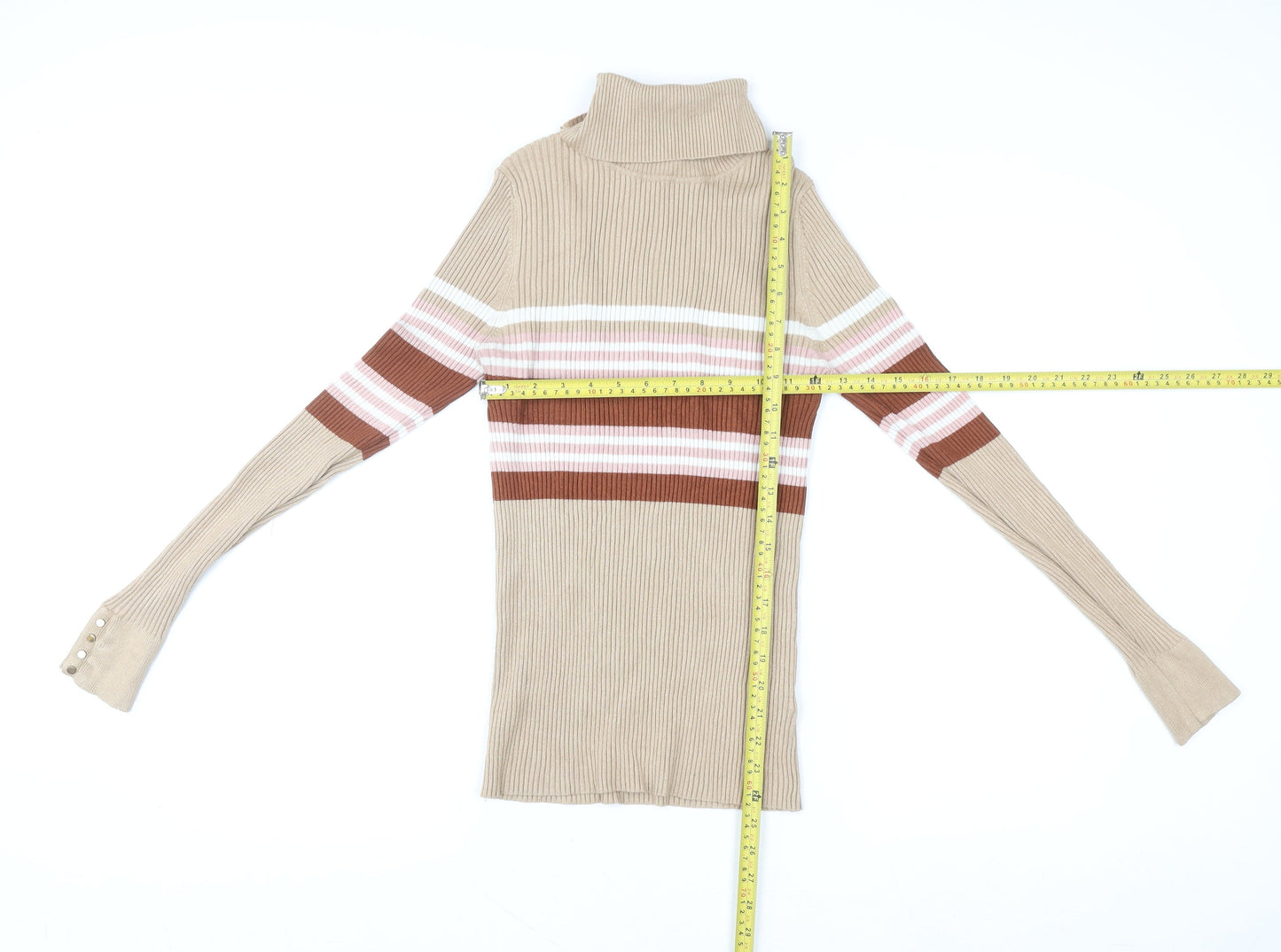 New Look Women Beige Striped Roll Neck Ribbed Jumper UK 14