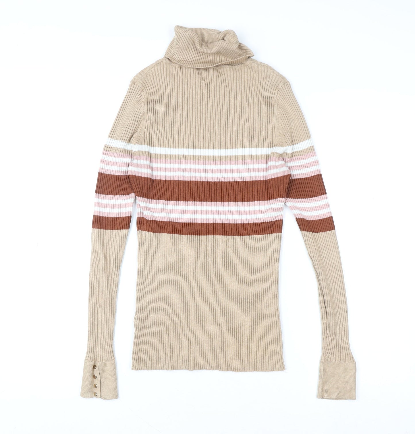 New Look Women Beige Striped Roll Neck Ribbed Jumper UK 14