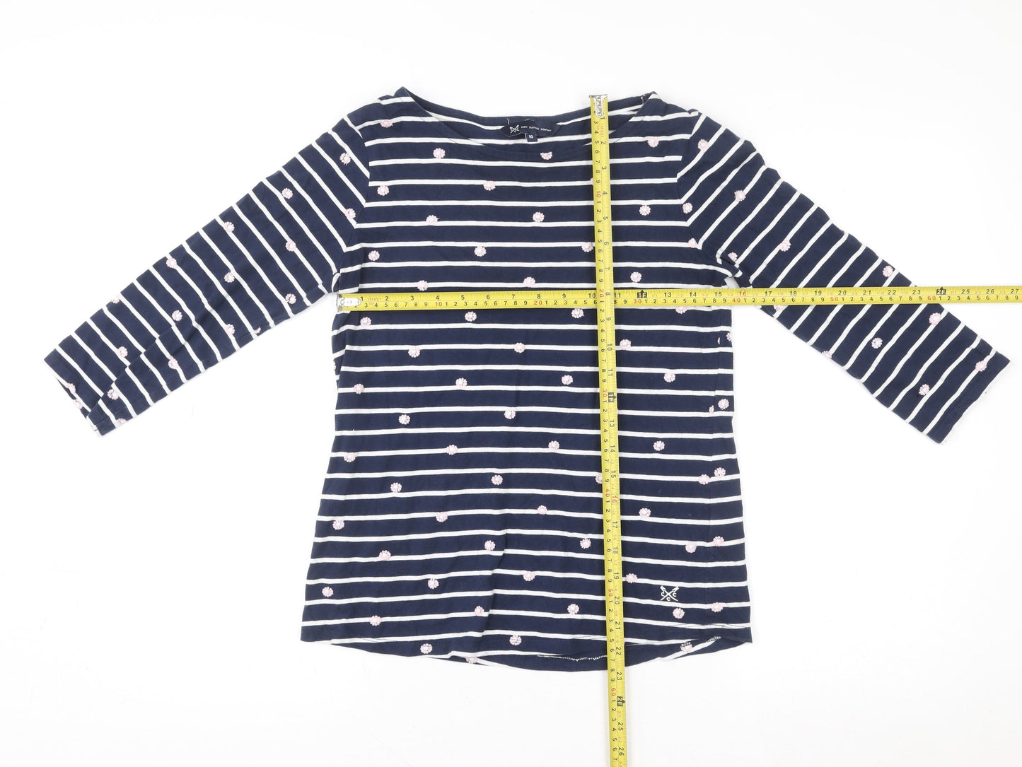 Crew Clothing Company Women’s Blue Striped Embroidered 3/4 Sleeve Cotton Top Size 10