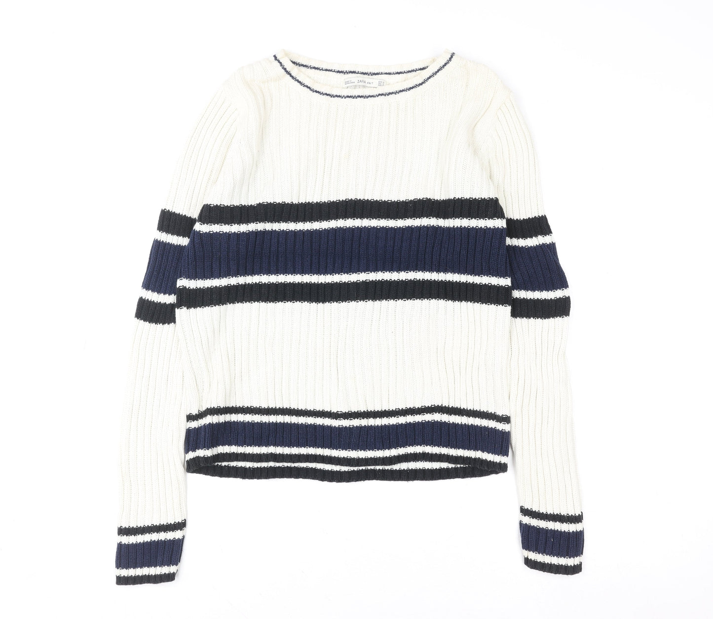 Zara Women’s Cream Navy Striped Ribbed Pullover Sweatshirt Size M