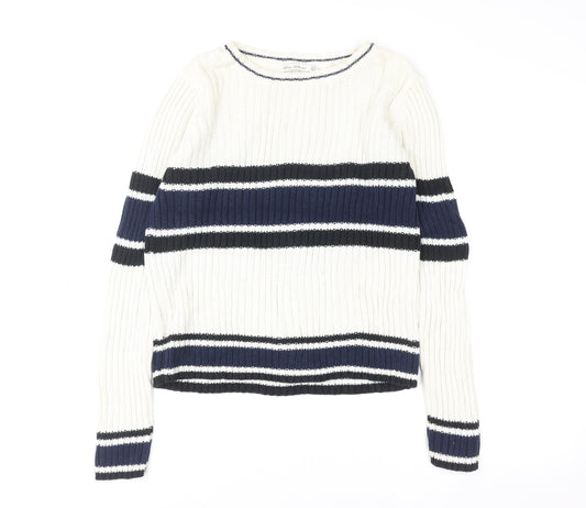 Zara Women’s Cream Navy Striped Ribbed Pullover Sweatshirt Size M
