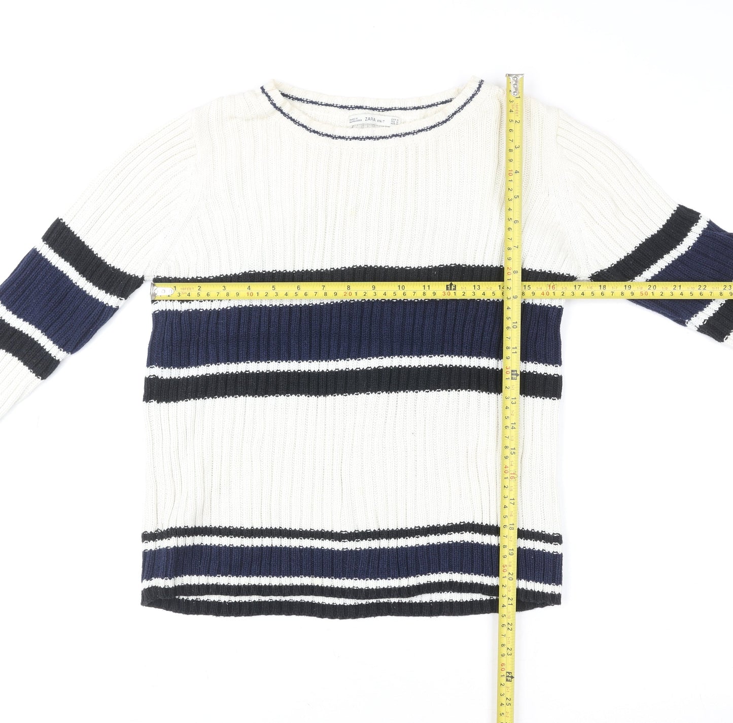 Zara Women’s Cream Navy Striped Ribbed Pullover Sweatshirt Size M