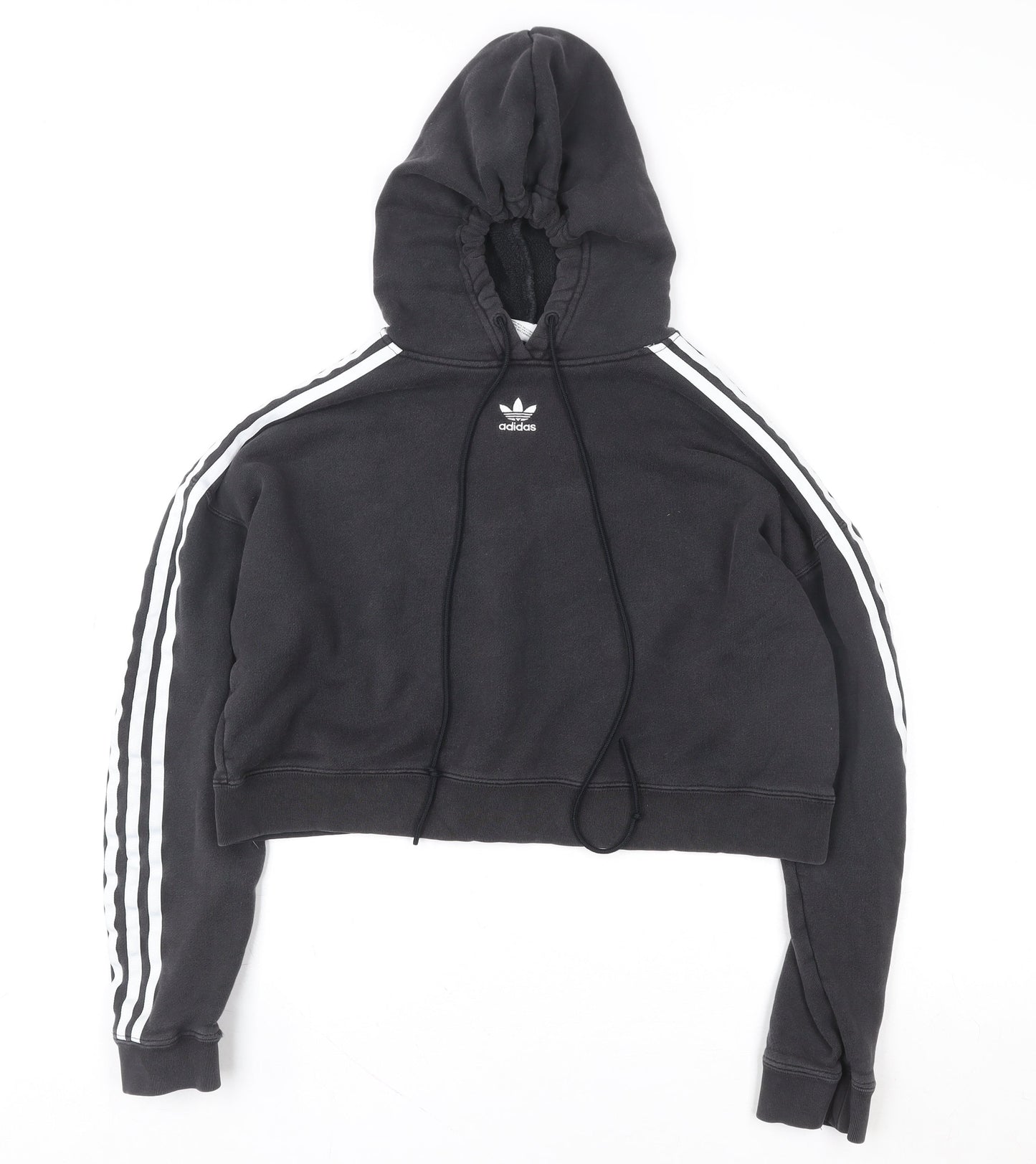 Adidas Women Black Cropped Hoodie Size 8 Drawstring Hooded Sportswear