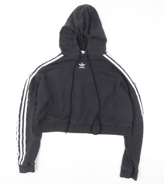Adidas Women Black Cropped Hoodie Size 8 Drawstring Hooded Sportswear