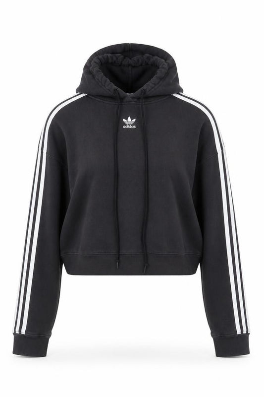 Adidas Women Black Cropped Hoodie Size 8 Drawstring Hooded Sportswear