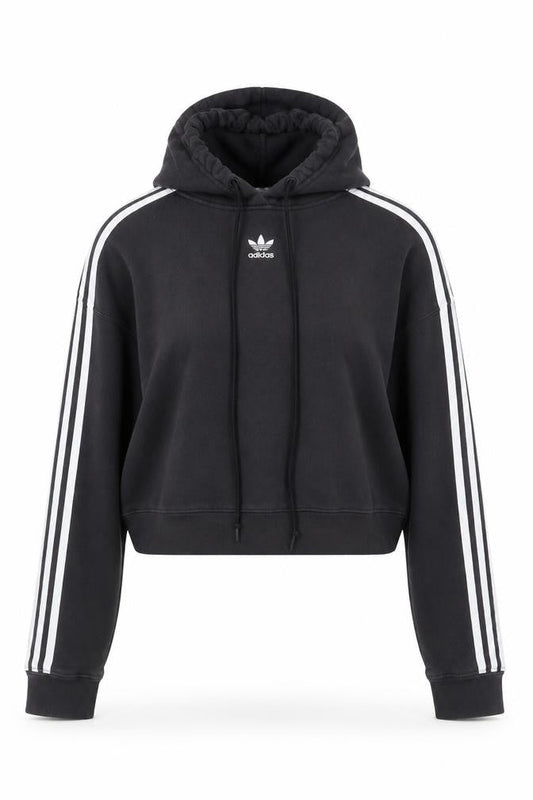 Adidas Women Black Cropped Hoodie Size 8 Drawstring Hooded Sportswear
