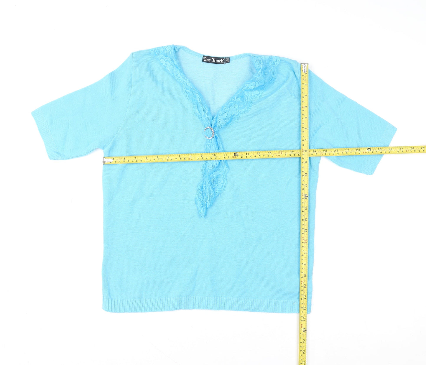 One Touch Women Blue Lace V-Neck Knit Blouse XL