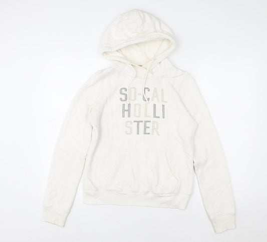 Hollister Women Ivory Hoodie S Pullover Logo Embroidered Cotton Blend
