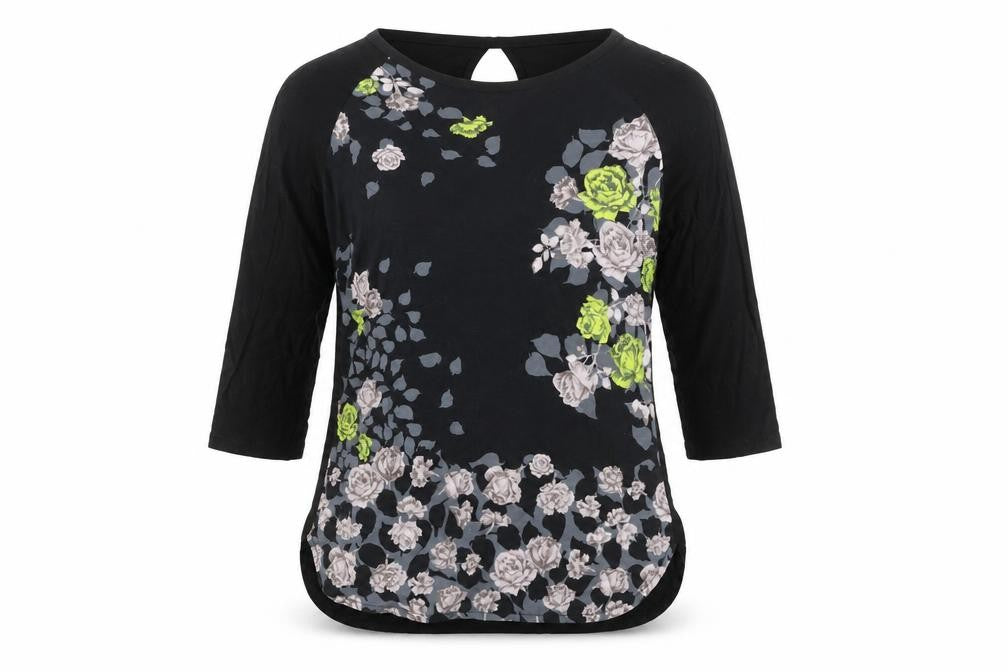 Oasis Women's Black Floral Tunic Blouse M 3/4 Sleeve