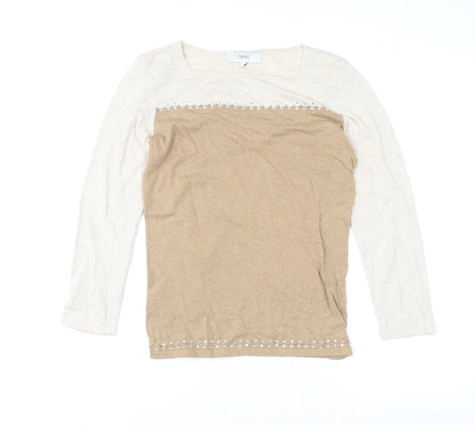Next Women’s Beige Long Sleeve Beaded Cotton Blend Top Size S