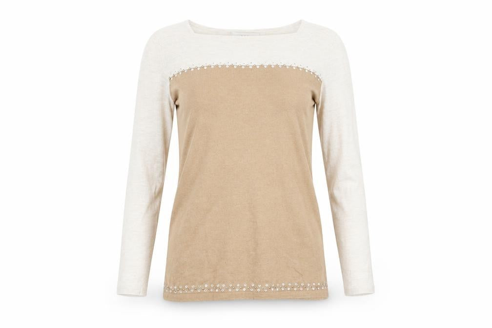 Next Women’s Beige Long Sleeve Beaded Cotton Blend Top Size S
