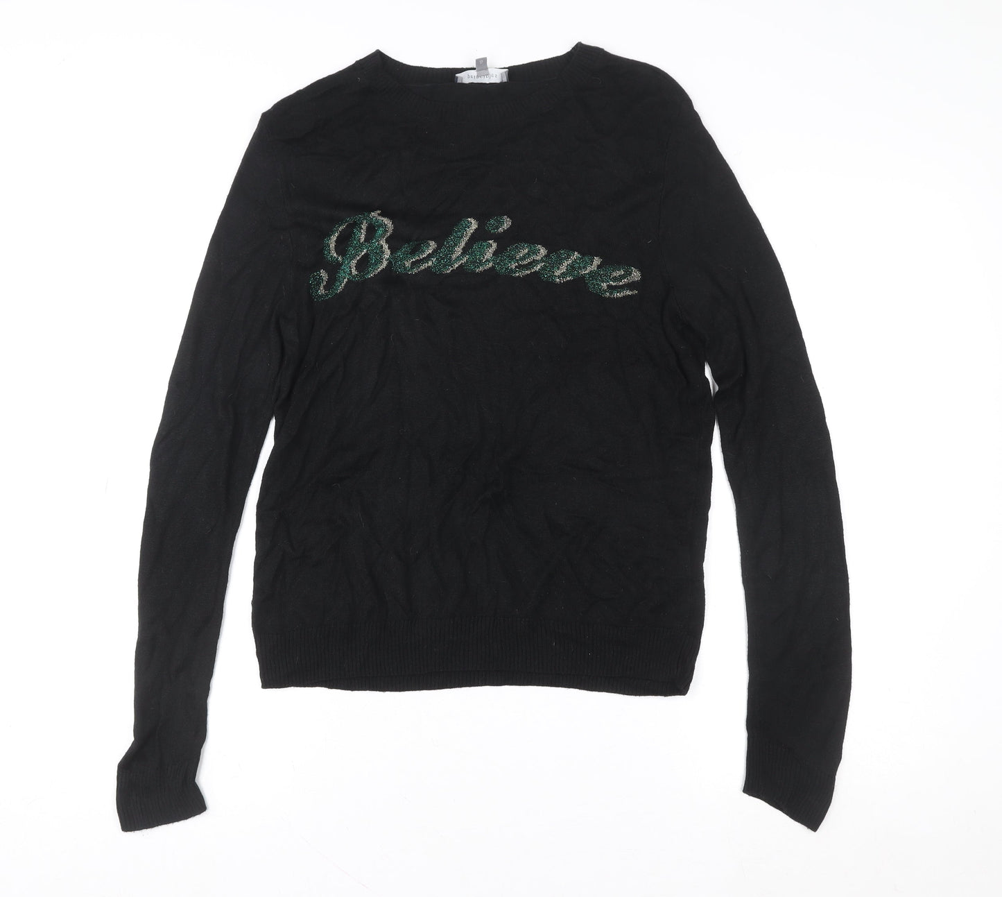 Principles Womens Black Long Sleeve Believe Sequin Knit Jumper Size 10