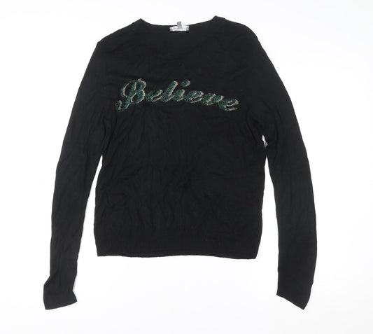 Principles Womens Black Long Sleeve Believe Sequin Knit Jumper Size 10