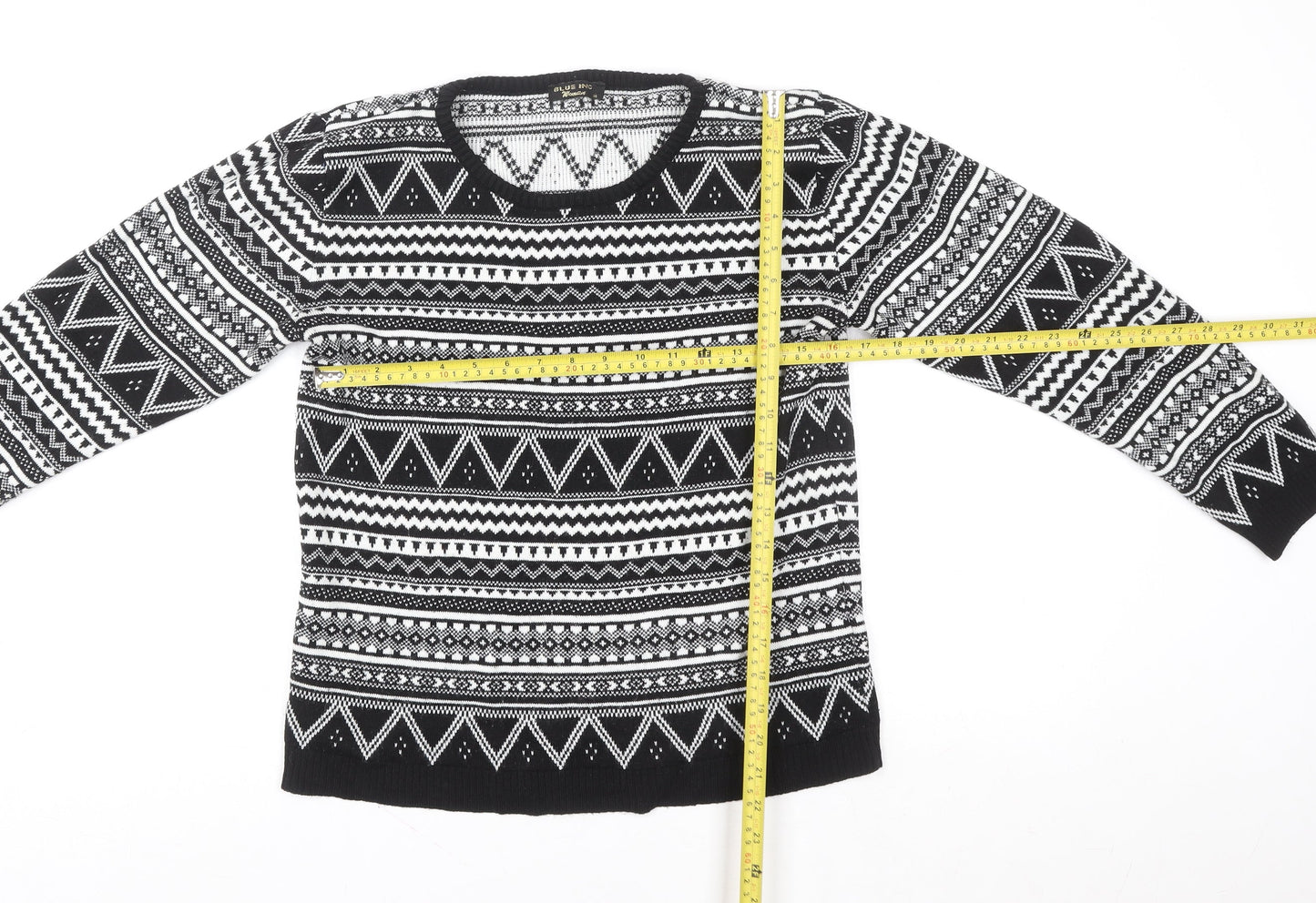 Blue Inc Women Black White Geometric Knit Crew Neck Jumper Size 14
