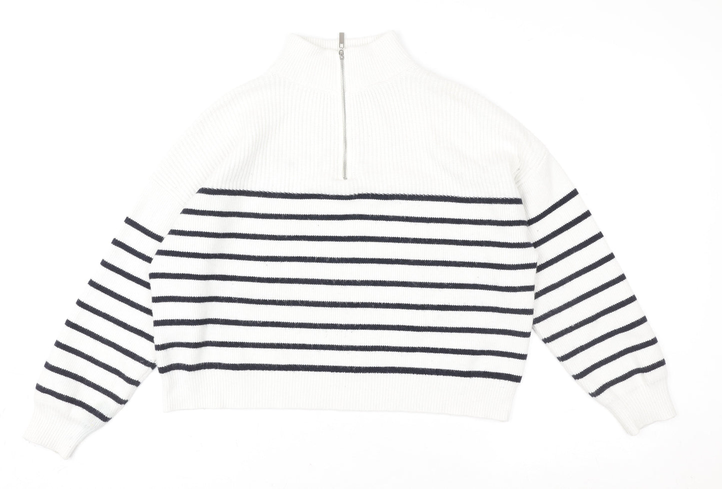 MNG Women White Striped 1/2 Zip Mock Neck Pullover Sweater Size S