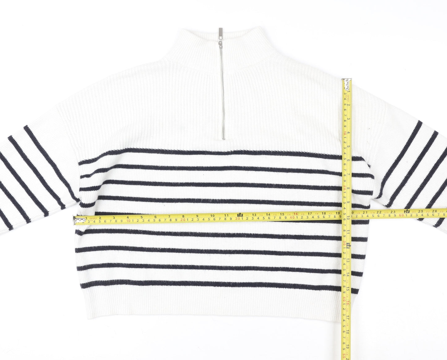 MNG Women White Striped 1/2 Zip Mock Neck Pullover Sweater Size S