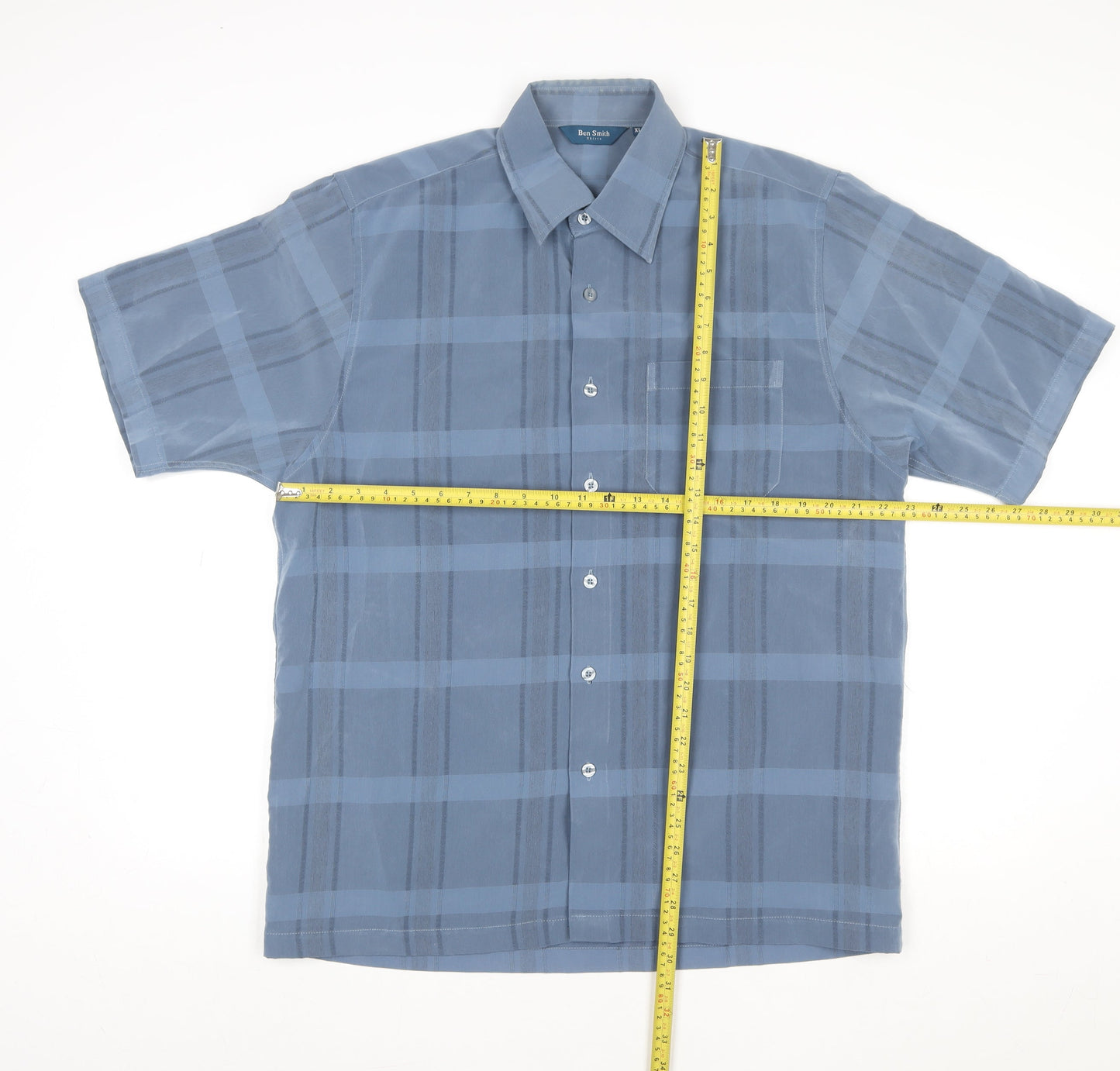 Ben Smith Men's Blue Check Short Sleeve Formal Dress Shirt XL