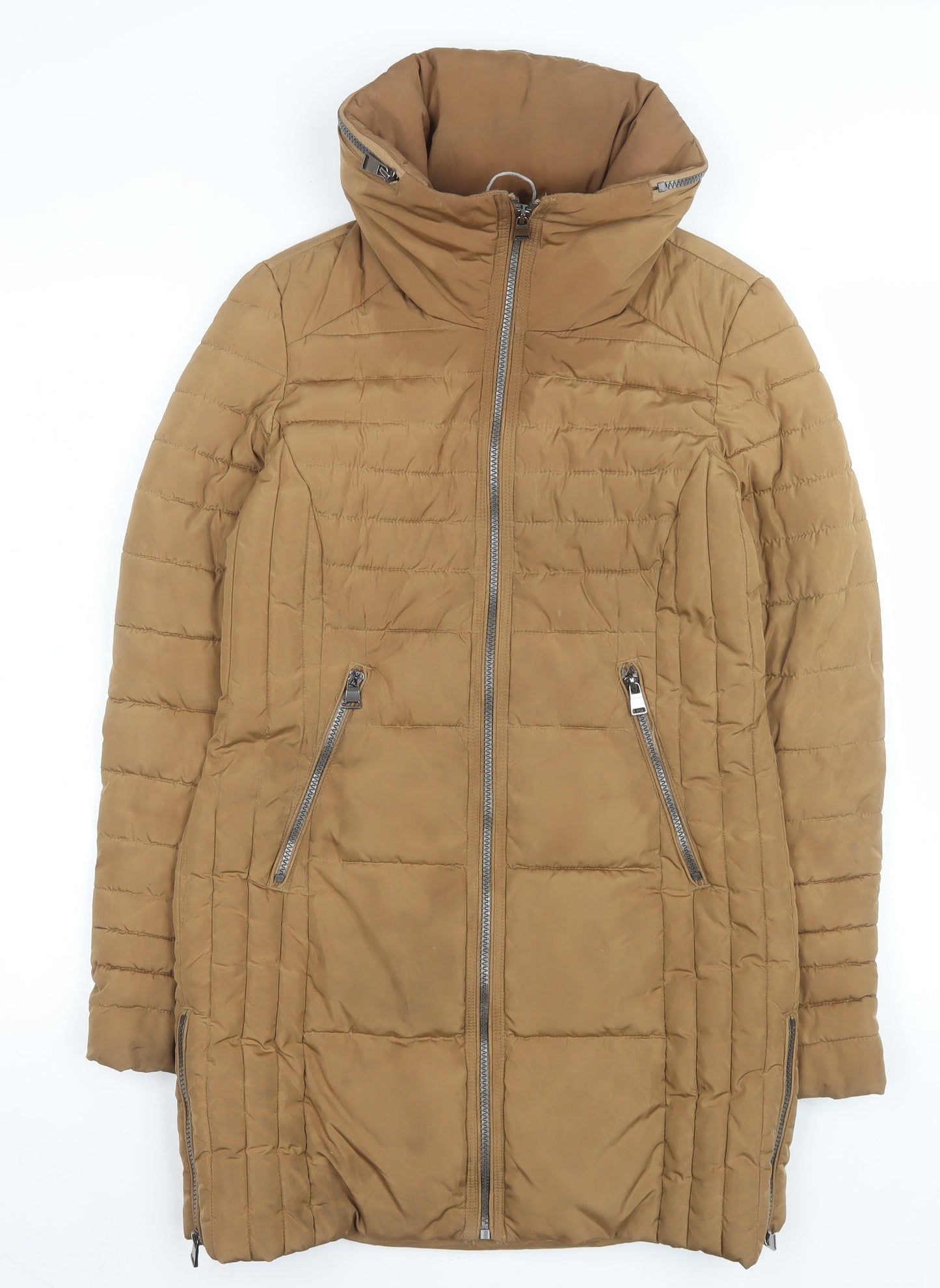 Next Women’s Brown Long Puffer Coat Size 8 Quilted Zip Winter Jacket