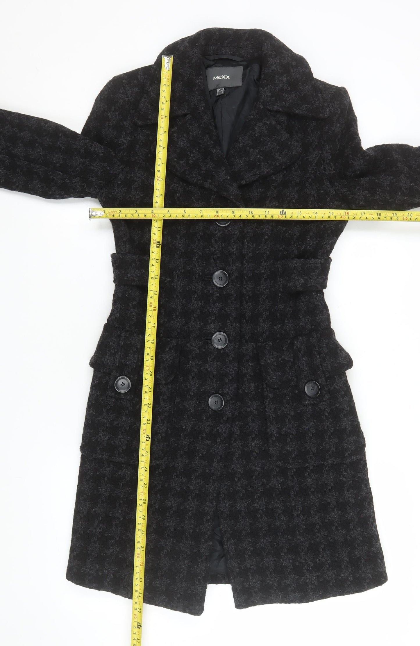 Mexx Womens Black Houndstooth Wool Blend Mid-Length Coat Size 8