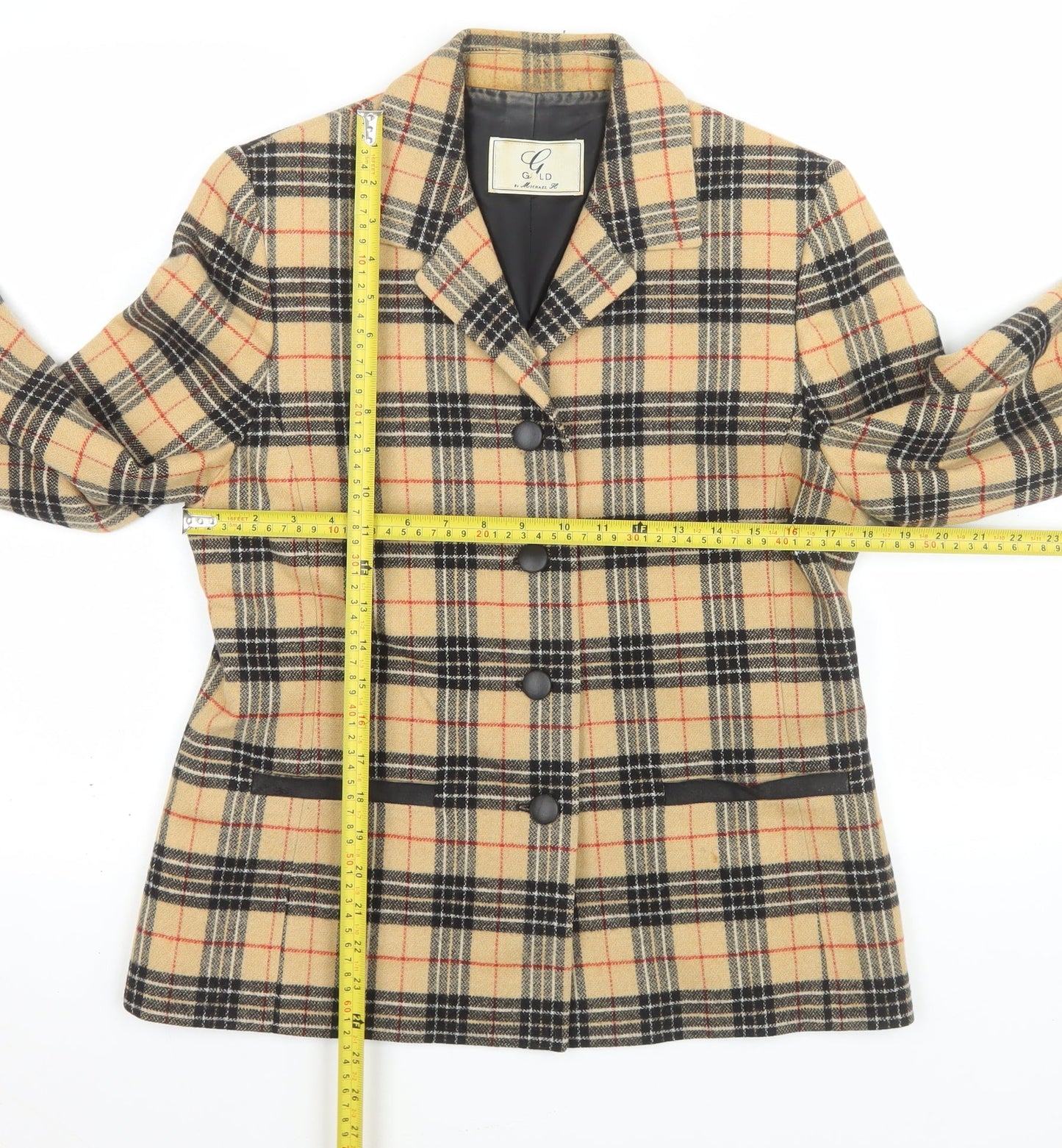 Gold by Michael K Women Beige Check Viscose Blazer Size 12