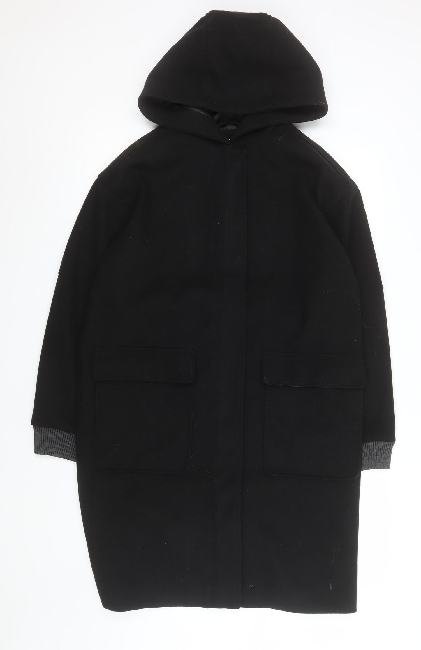 Topshop Unisex Black Long Hooded Polyester Overcoat Size 34