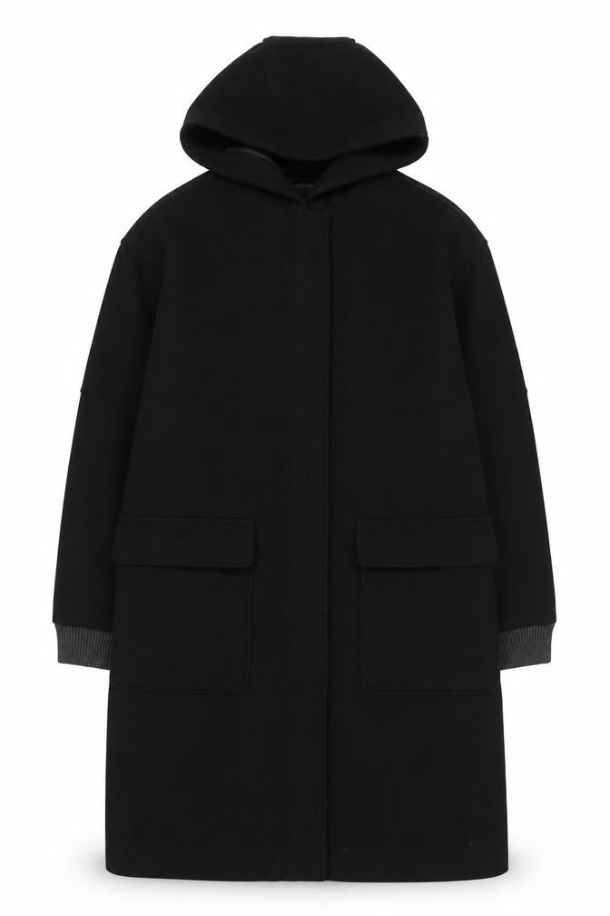Topshop Unisex Black Long Hooded Polyester Overcoat Size 34