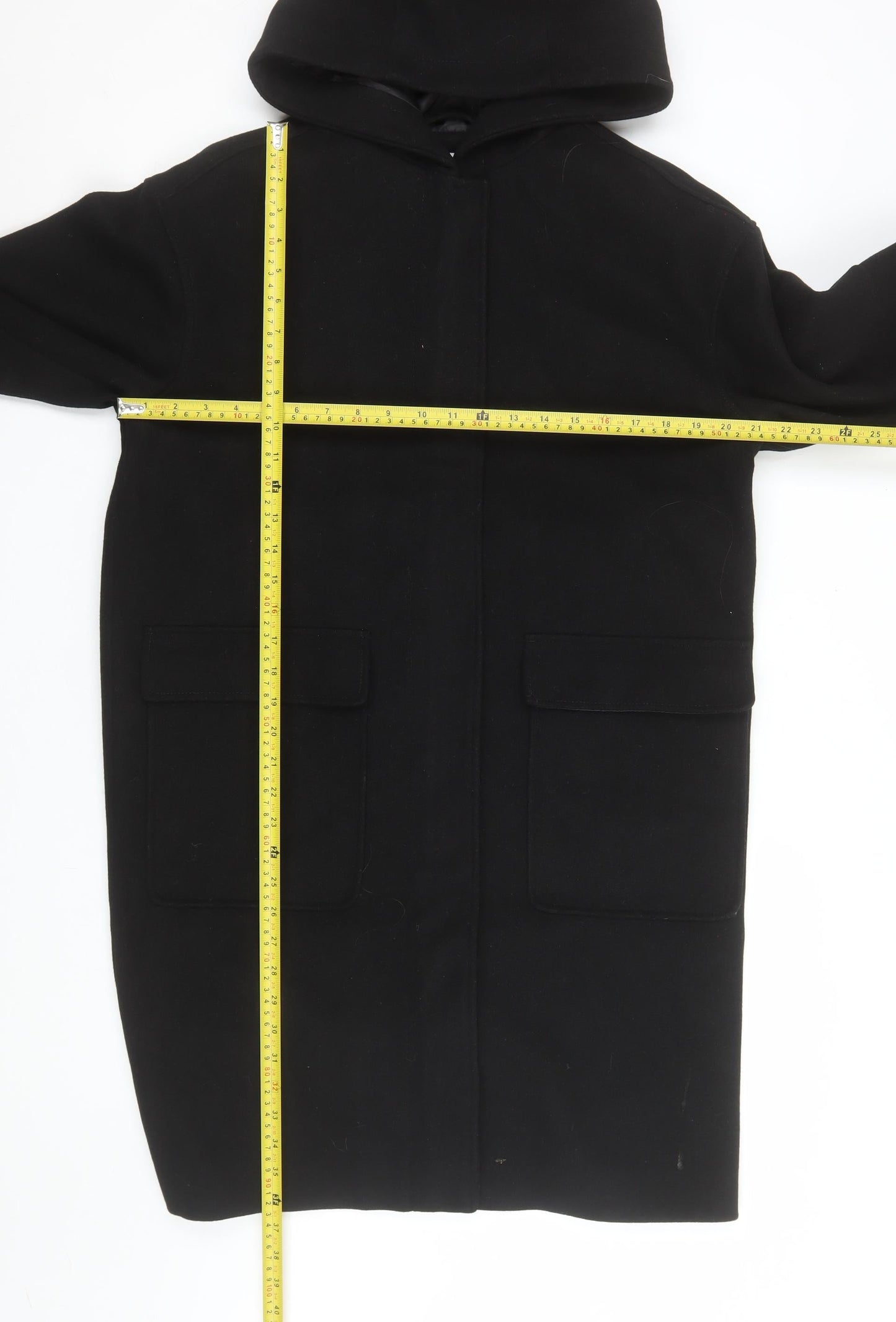 Topshop Unisex Black Long Hooded Polyester Overcoat Size 34