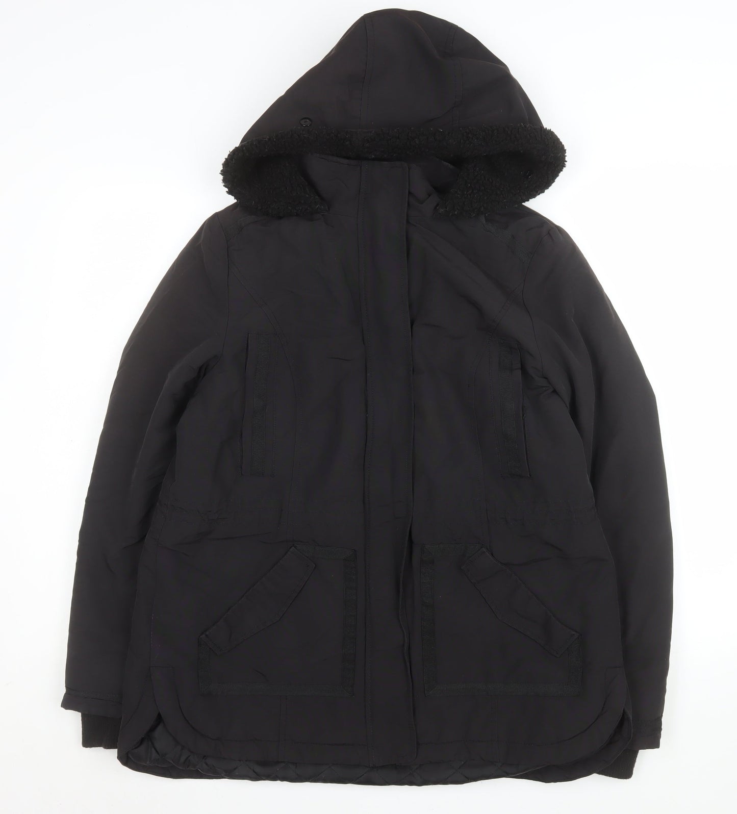 Monsoon Women's Black Hooded Parka Coat Size 42 Lined Winter Jacket