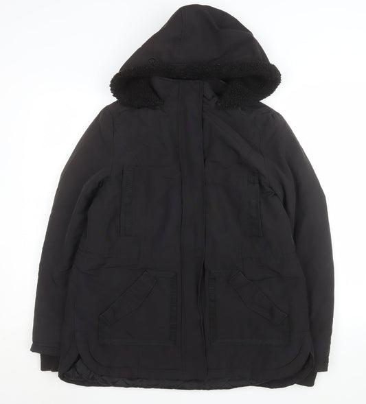 Monsoon Women's Black Hooded Parka Coat Size 42 Lined Winter Jacket