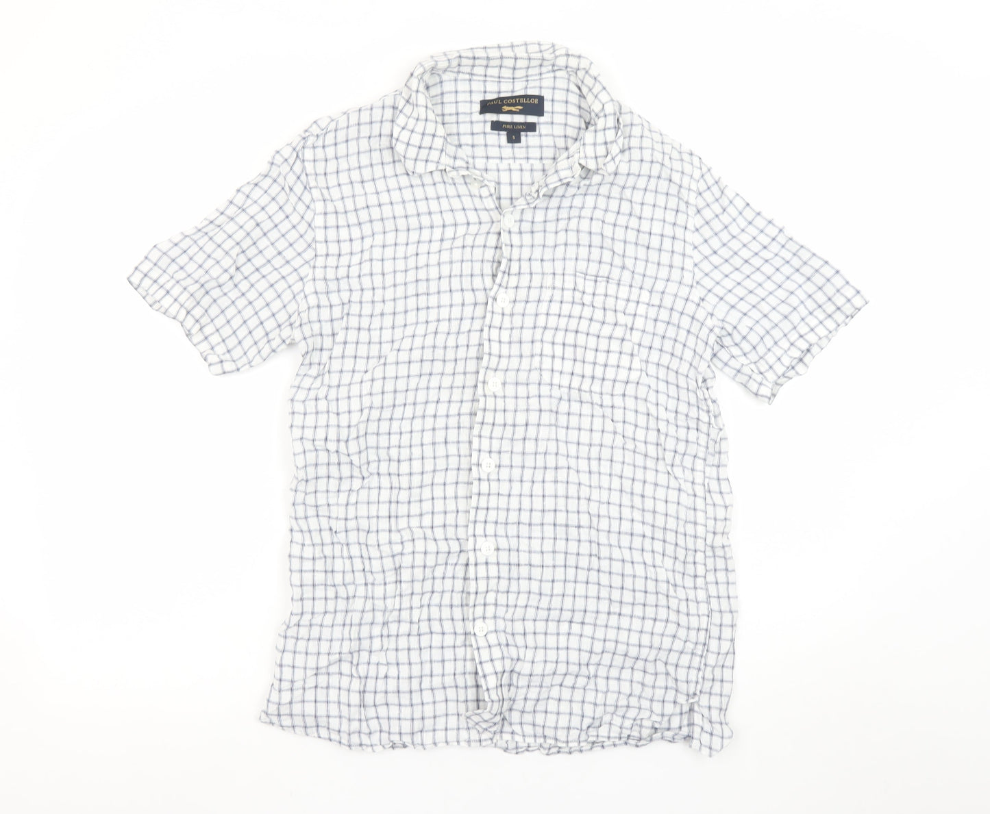 Paul Costelloe Men’s White Check Linen Short Sleeve Button-Up Shirt S