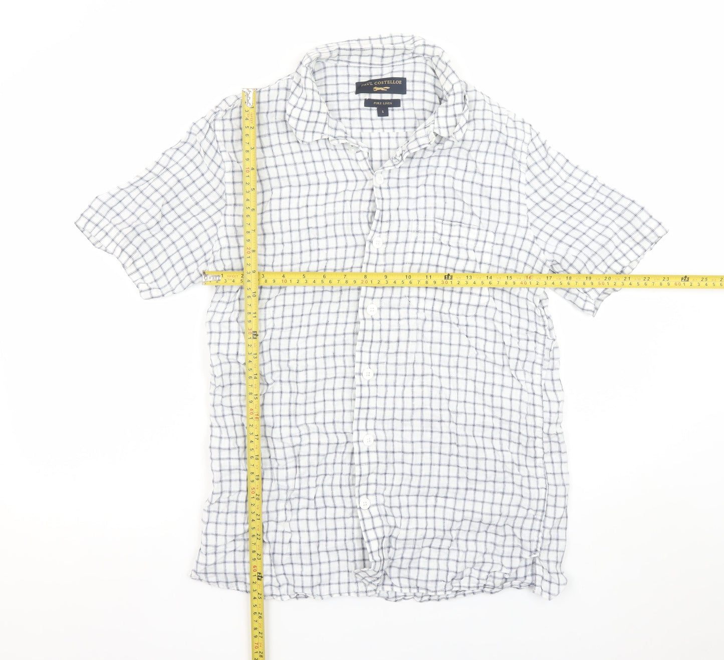 Paul Costelloe Men’s White Check Linen Short Sleeve Button-Up Shirt S