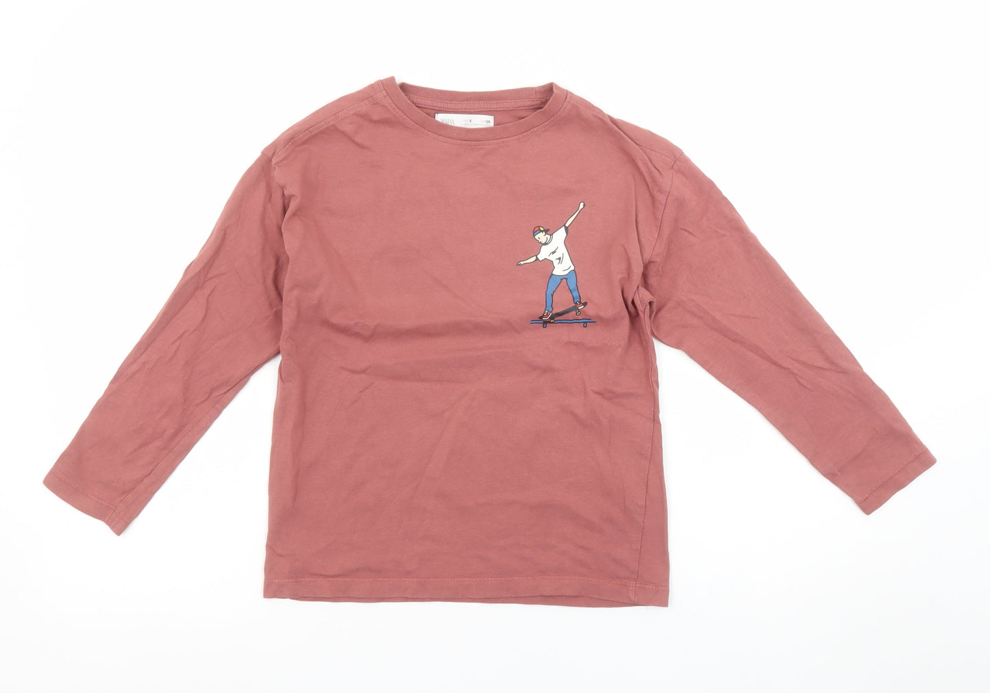 Zara Boys Pink Long Sleeve Skateboard Graphic Cotton T-Shirt 8 Years
