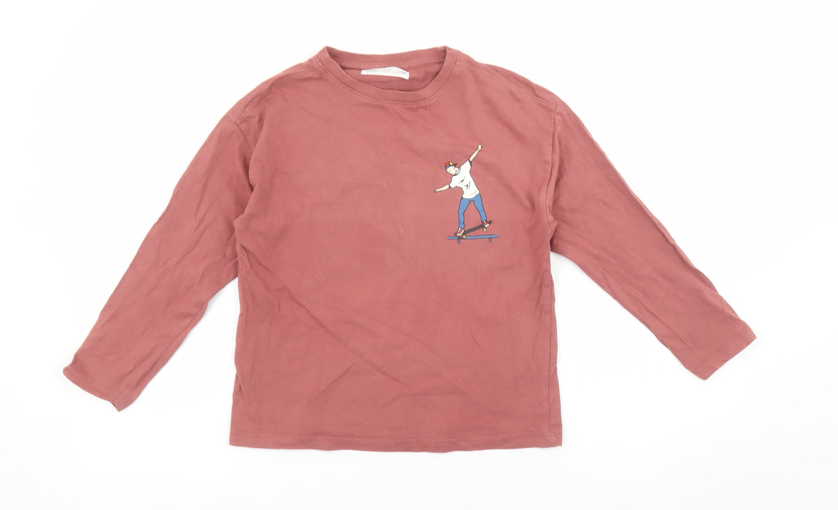ZARA Boys Brown Long Sleeve Graphic Skateboard Cotton T-Shirt 8 Years