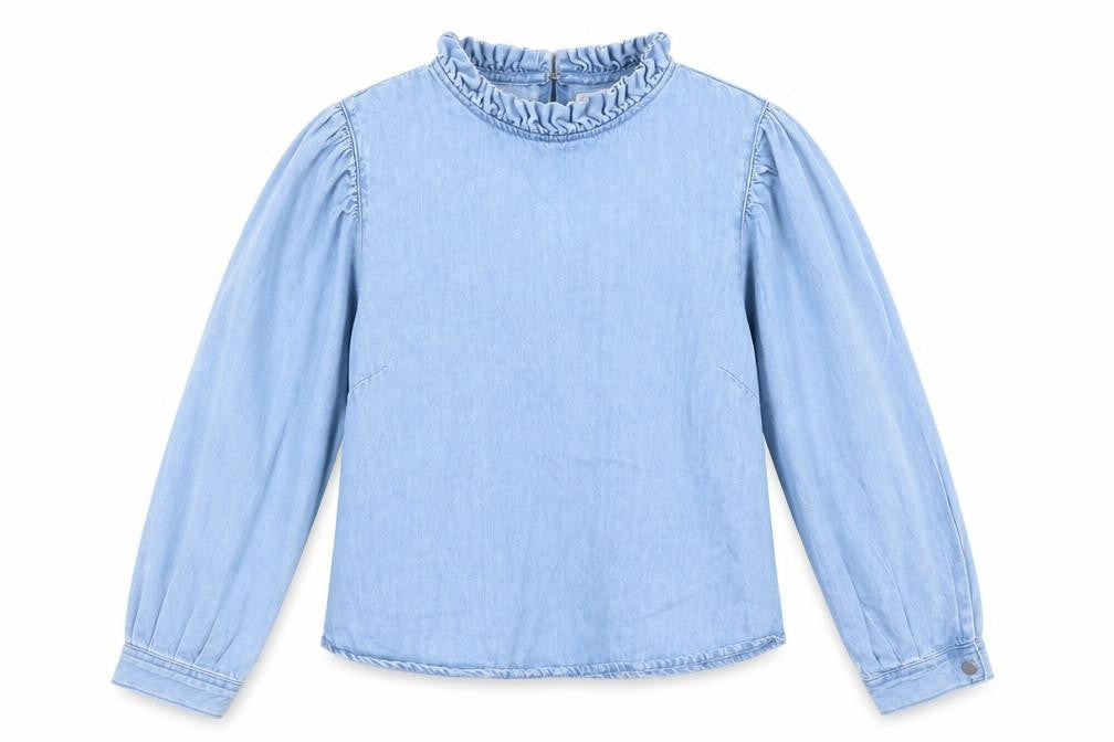 Denim Co. Girls Blue Cotton Ruffle High Neck Long Sleeve Blouse Size 12 Years
