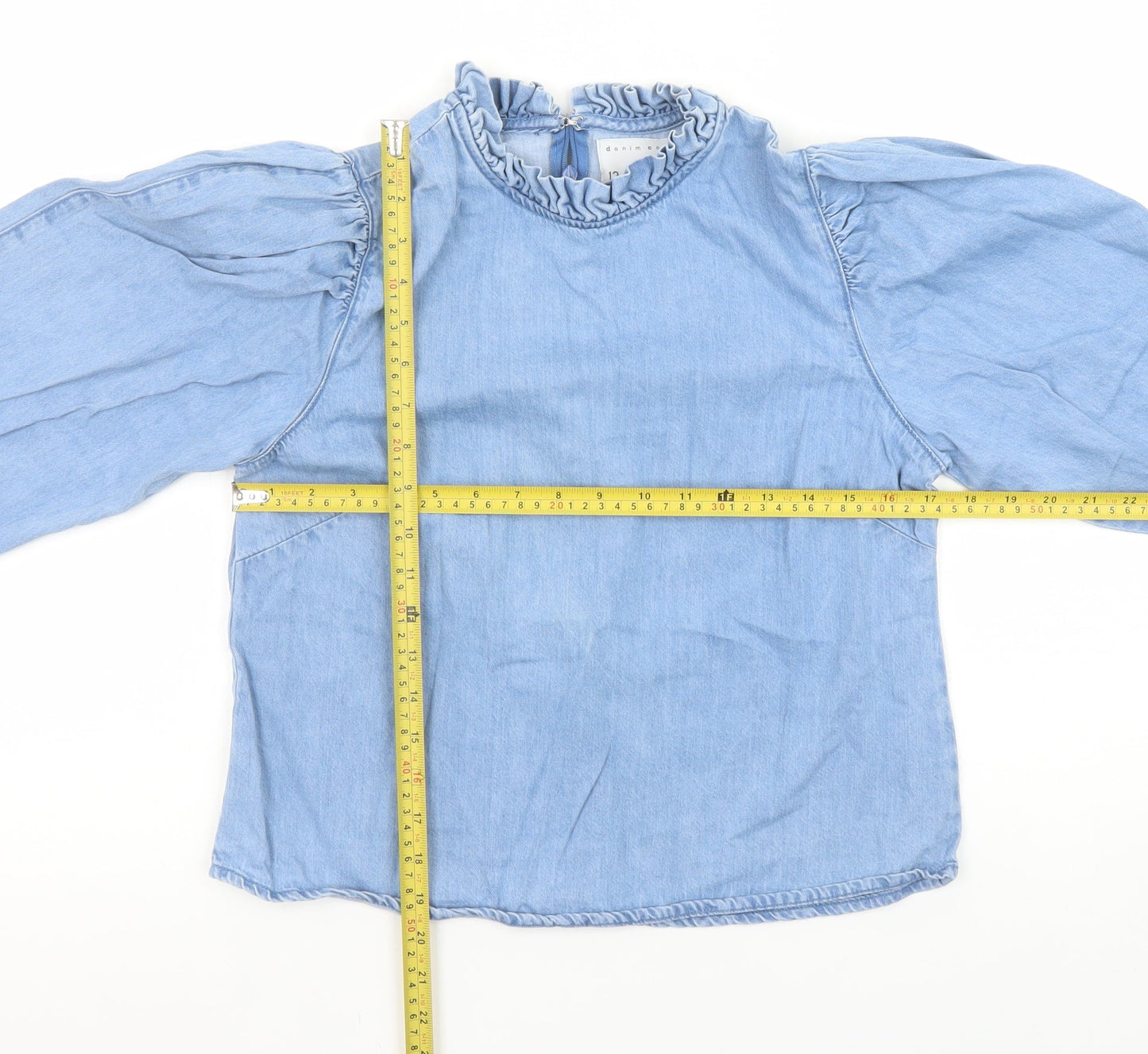 Denim Co. Girls Blue Cotton Ruffle High Neck Long Sleeve Blouse Size 12 Years