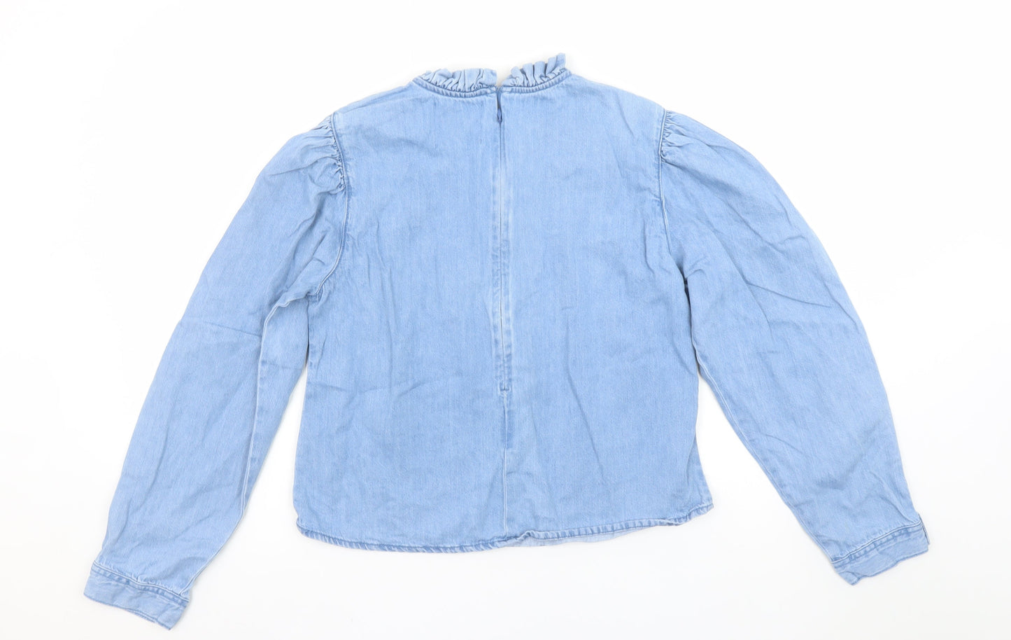 Denim Co. Girls Blue Cotton Ruffle High Neck Long Sleeve Blouse Size 12 Years