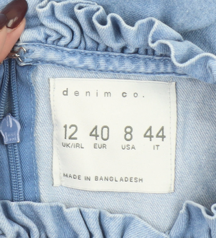 Denim Co. Girls Blue Cotton Ruffle High Neck Long Sleeve Blouse Size 12 Years