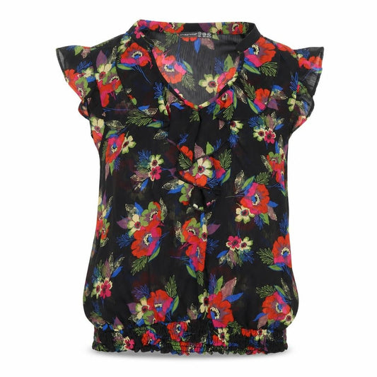 Front view of Atmosphere Women's Black Floral Ruffle Blouse, size 10, Polyester