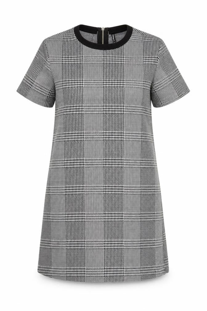 Stradivarius Women Grey Check Shift Dress Size 12 Short Sleeve Zip Back